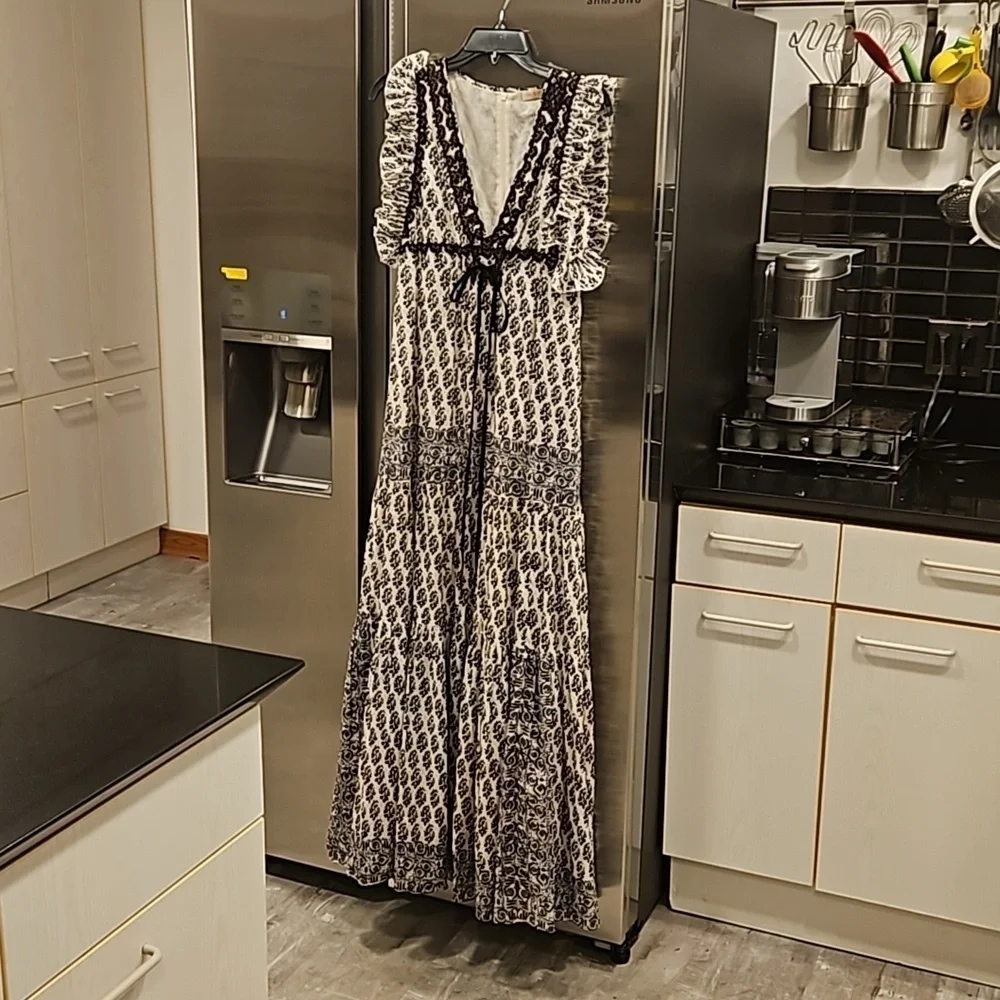 💕TORY BURCH Amita Appliquéd Printed Cotton Maxi Dress Ivory Guru Border Print 0